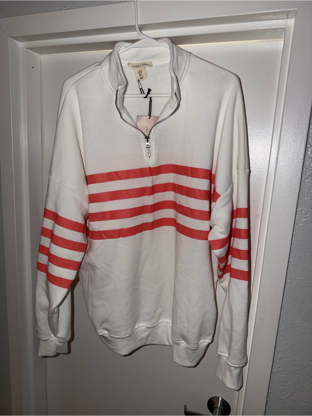 Men's White Quarter-Zip Sweatshirt with Coral Stripe Detail -Happily Grey